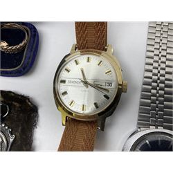 Four wristwatches including Seiko automatic, Sekonda, Timex and Ingersoll, silver Acme Lever pocket watch by H Samuel, 9ct gold keepers ring, silver and 9ct gold paste stone set cluster ring, silver and stone set silver jewellery and other vintage jewellery