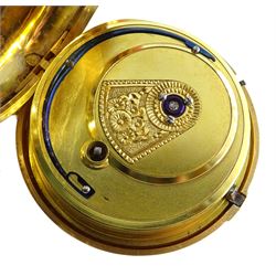 George III 18ct gold pair cased English lever fusee pocket watch by John Bolton, Durham, No. 844, round baluster pillars, engraved balance cock with flower decoration and diamond endstone, stop/work lever, cream enamel dial with Roman numerals and subsidiary seconds dial, case makers mark V&R, Chester 1819
