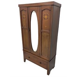 Edwardian inlaid mahogany wardrobe, oval mirror door, single drawer to base