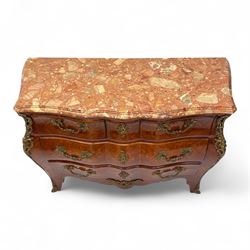 20th century Louis XV design serpentine commode, the rectangular breccia marble top with a rounded moulded edge and projecting corners, above a bombe bombe-shaped kingwood and parquetry design front of two short and two graduated drawers with rococo style handles, corners with gilt-bronze foliate mounts on short cabriole form feet with gilt bronze sabots  