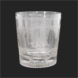 Unusual 19th century Sunderland Bridge and Masonic glass tumbler, circa 1800-1830, of slightly tapering cylindrical form, engraved with a masted frigate sailing beneath the Sunderland Bridge, and circular panel containing Masonic symbols including sextant, keys, and sun, moon and stars verso, with moulded concentric ring beneath, H9cm