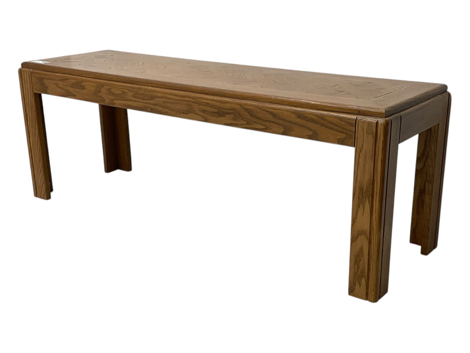 Late 20th century oak coffee table, rectangular top with parquetry inlay, raised on square tapered legs