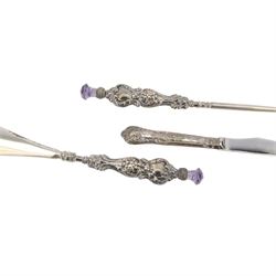 Mid 20th century silver caddy spoon, with palmette bowl and handle, hallmarked A Chick & Sons Ltd, London 1966, together with an early 20th century silver handled shoe horn and button hook and a a silver handled knife, all hallmarked 