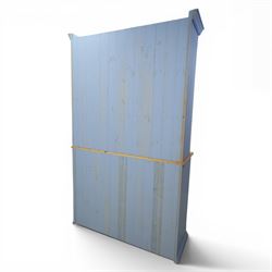 Pine blue painted dresser, upper section with tongue and grove back, two shelves with three short drawers, above a base with soft close short drawers, and three cupboard doors, raised on a moulded plinth base