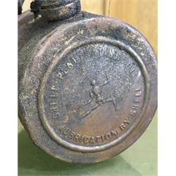 Rare early Shell advertising brass penetrating oil can, the can embossed to each side with the stick / robot man motif, and reading 'Penetrating oil can lubrication by Shell' (L71cm) together with two other early motoring oil hand pumps, one signed 'Erot' and the other 'Nesthill Royalty PAT.' (3) - COLLECTION BY APPOINTMENT FROM: The White House, Thirsk Road, Easingwold, York, YO61 3NF - CALL 01723 507111 TO ARRANGE