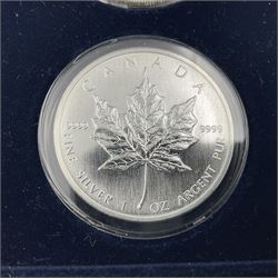 Four one ounce fine silver coins, forming 'The 2003 Famous World Silver Coin Collection', comprising United States eagle, Australian kangaroo, Chinese panda and Canadian maple leaf, cased with Westminster certificate 