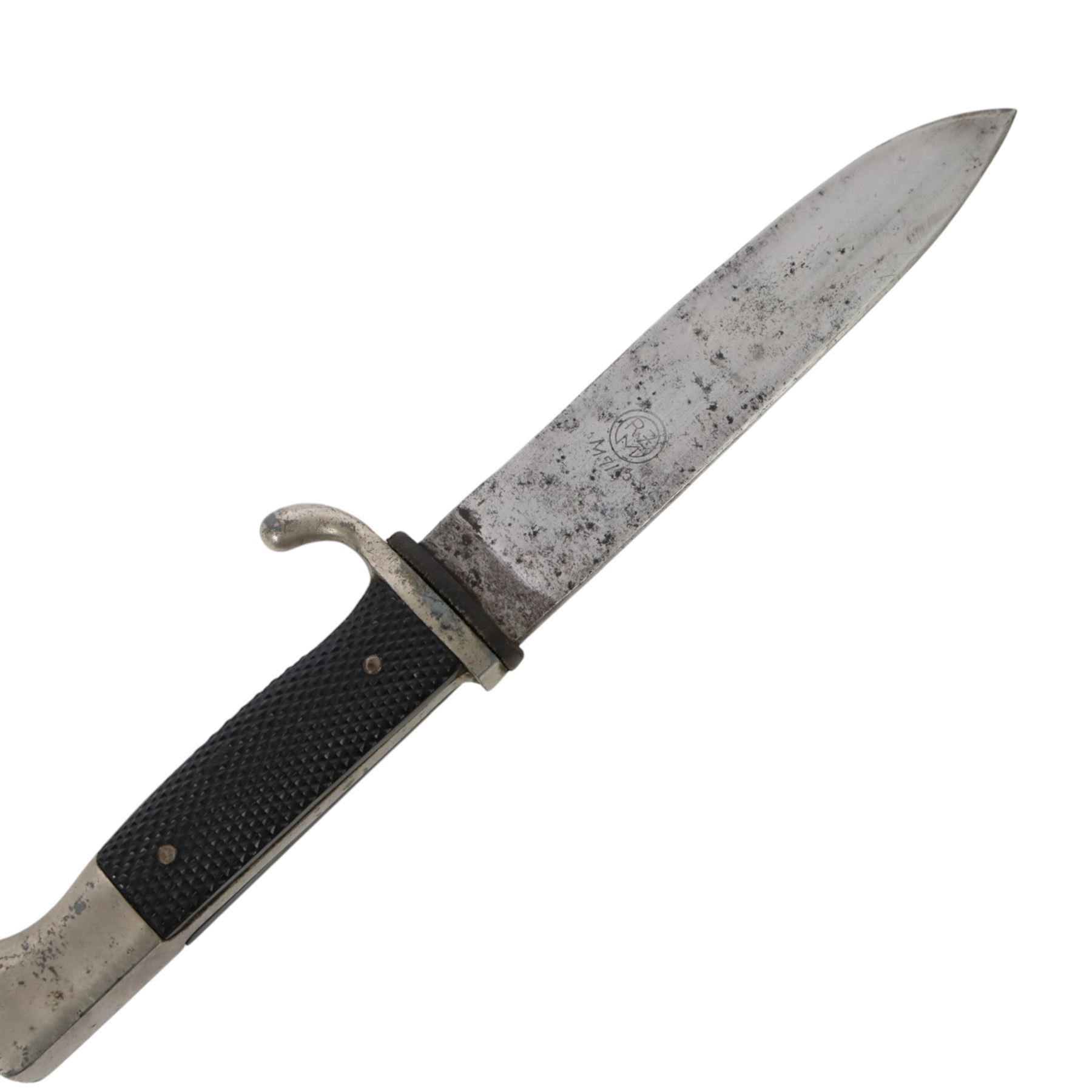 WWII German Third Reich Hitler Youth knife, the 13cm blade marked RZM M7/13, chequered black grip with inset enamel diamond shaped insignia, with scabbard and leather frog, overall L25cm