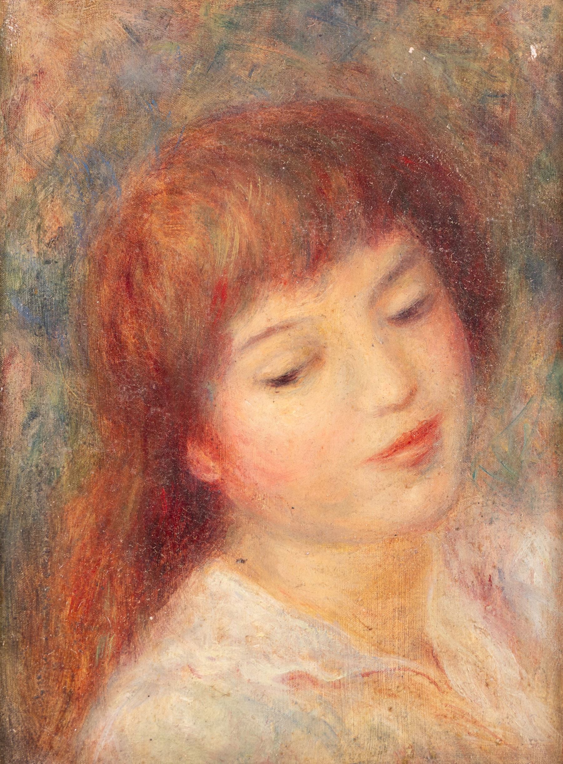 Circle of Pierre-Auguste Renoir (French 1841-1919): Head of a Girl - Study for 'Dance at Bougival', oil on canvas unsigned 20cm x 15cm 
Notes: an image of this work is held in the archives of the Wildenstein Institute, Paris.