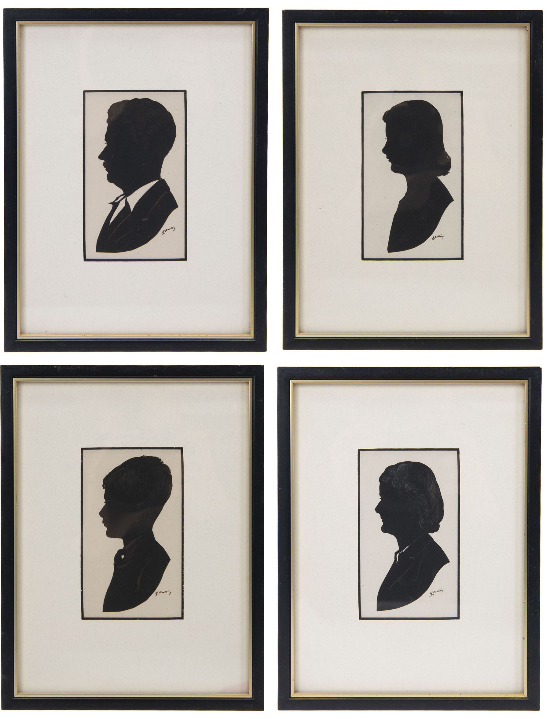 Capt. Harry Lawrence Oakley (British 1882-1960): Mother Father and Two Children, set of four family watercolour silhouettes highlighted in gold pen and pencil signed 11cm x 6cm (4)
Notes: Oakley born in Poppleton York, the son of a chemist who opened shops on Coney Street and Fulford Road. He showed talent for drawing and silhouette cutting from an early age and went on to study art at York School of Science and Art, Leeds School of Art and then the Royal College of Art in London where he was awarded the ARCA diploma in 1908.
He designed the 'Think' poster in collaboration with the North Eastern Railway company in York which then became an official war poster and was used throughout Britain, Australia and Canada. Oakley’s figure of the advancing soldier became an iconic image and was adapted and used in many forms. This success led to further commissions, including the “Remember” poster which was used to recruit men for the Royal Navy.
Oakley served in the Green Howards during the the First War. Each year, between 1920 and 1958, holidaymakers walking along the pier at Llandudno North Wales, could have stopped at a booth to have their silhouette portrait painted or cut by Mr H. L. Oakley, otherwise known as the 'Man with the Magic Scissors'.  