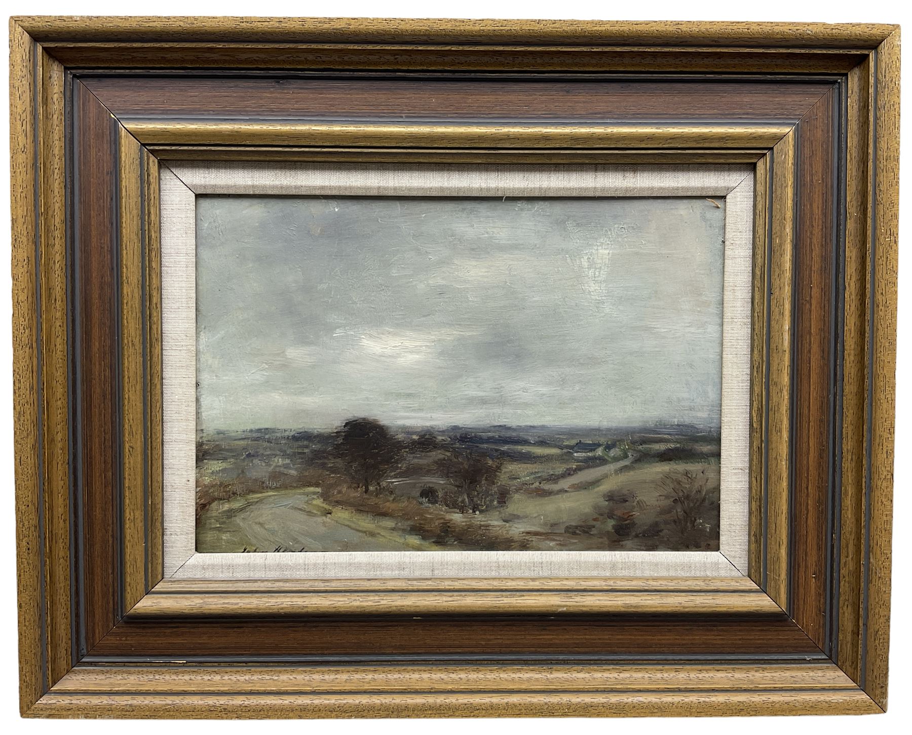 John Henderson (Scottish 1860-1924): Winter Moorland Landscape with Country Lane, oil on canvas signed 22cm x 32cm