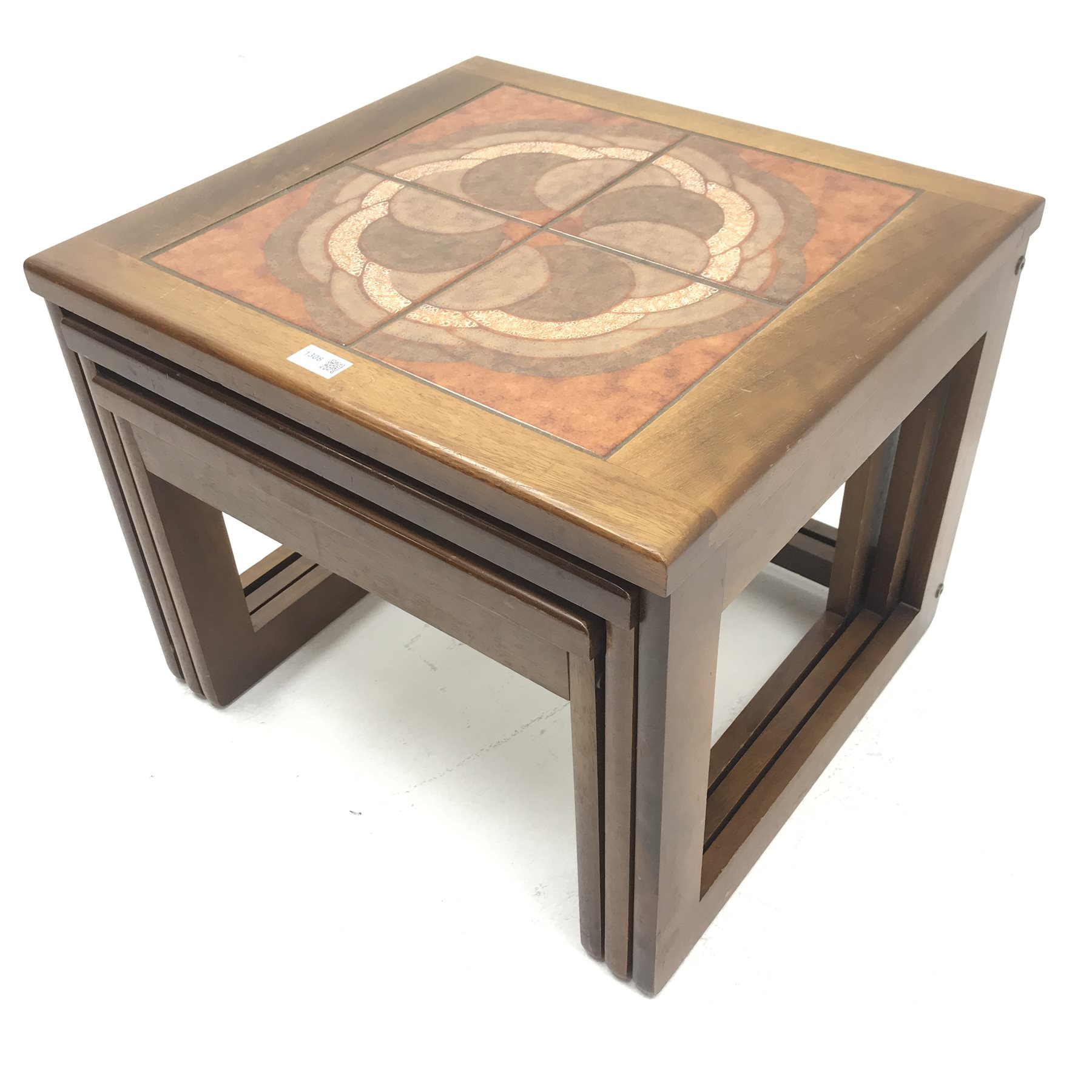 G Plan teak nest tables, inset tile tops, W56cm, H45cm, D51cm The