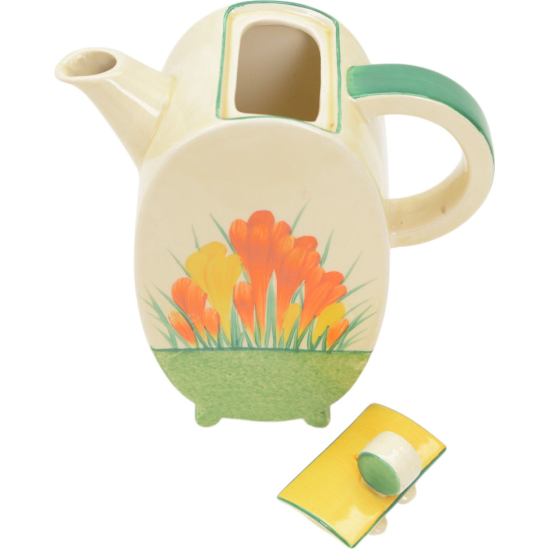 Clarice Cliff Biarritz Bonjour shape tea service for six, in Sungleam Crocus pattern, comprising teapot, milk jug, open sucrier, cups and saucers, all with printed Biarritz by Clarice Cliff  Wilkinson Ltd England beneath, teapot H20cm

