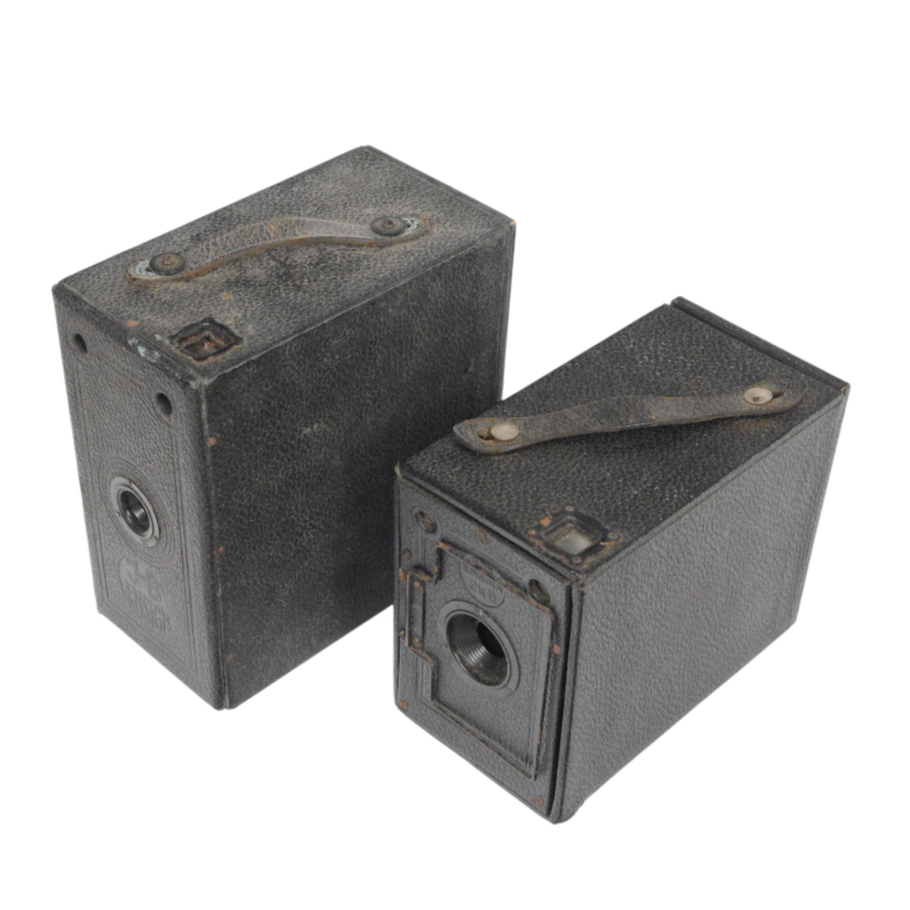 Four Ensign cameras, including Ful-Vue, J-B box camera, All Distance Twenty box camera and 2 1/4 B box camera