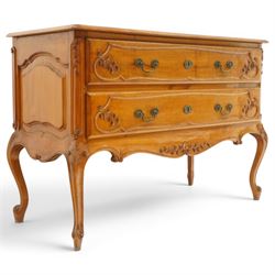 Early 20th century French fruitwood commode chest, rectangular top with moulded edge, fitted with two long drawers with moulded scroll and floral decoration, shaped apron with moulded scallop motif and trailing foliate, raised on cabriole legs with acanthus carved knees and scroll feet
