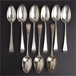 Three George III silver dessert spoons engraved with initials London 1778 Maker Hester Bat...