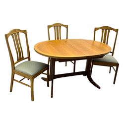 G-Plan - mid-20th century teak extending dining table, oval top with concealed central butterfly leaf extension, raised on splayed supports with cross-stretcher; three dining chairs with curved top rail and vertical splats