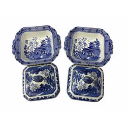 Burleighware part dinner service in Willow pattern, comprising of two covered vegetable dishes, a sauce boat, three serving platters, six dinner plates, seven side plates and seven dessert plates