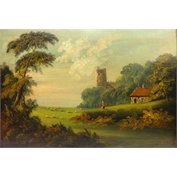  Landscape with Ruined Castle and Sheep Grazing, 19th century oil on canvas unsigned 45cm x 65cm  