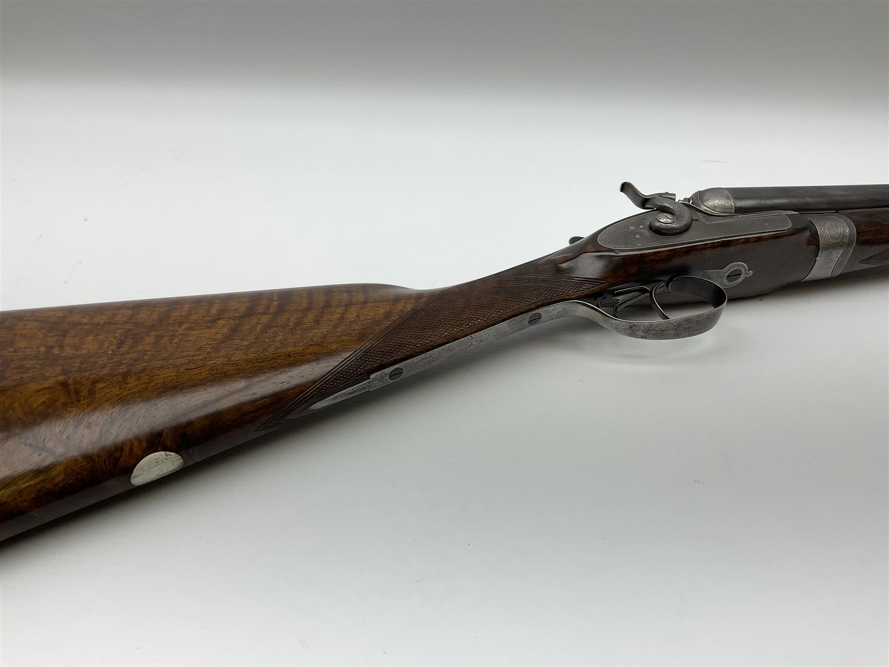 19th century Purdey 12-bore side-by-side double barrel black powder hammer gun, 76cm cylinder bored un-choked barrels with 2.5