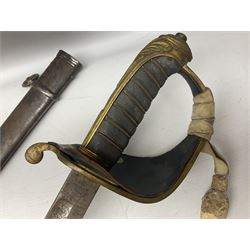 Victorian British Army officer's sword by Hobson & Sons Little Windmill Street London, the 82cm fullered steel blade etched with crowned Victoria cypher and 'HM 1st West York R.V.', lined gilded brass three-bar hilt incorporating Victoria cypher and wire-bound fish skin grip with plaited knot; in steel scabbard with two hanging rings L99cm overall