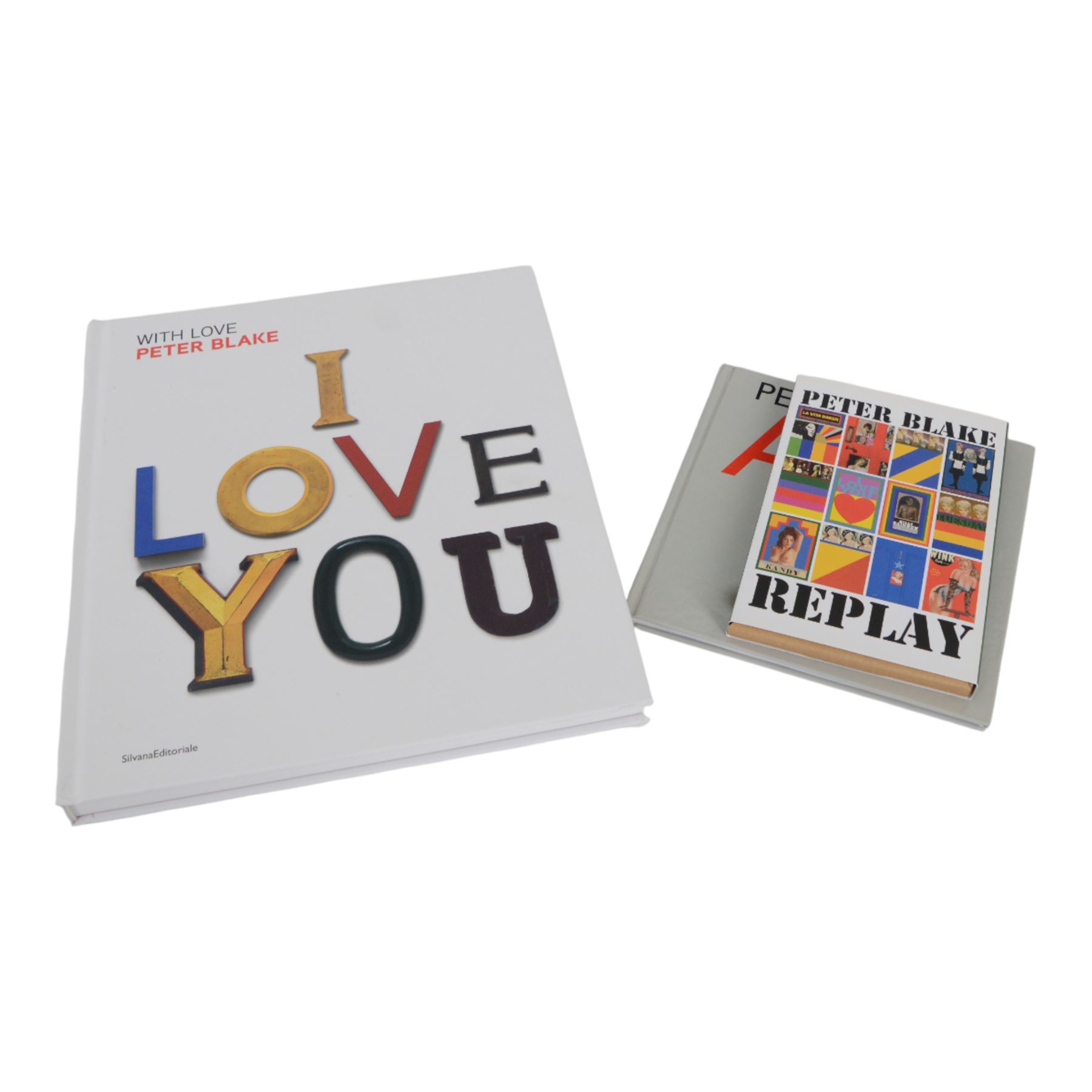 Peter Blake books and memorabilia, including I Love You and ABC books, Replay postcards, two framed Comic Relief face masks and four limited edition Budweiser beer cans