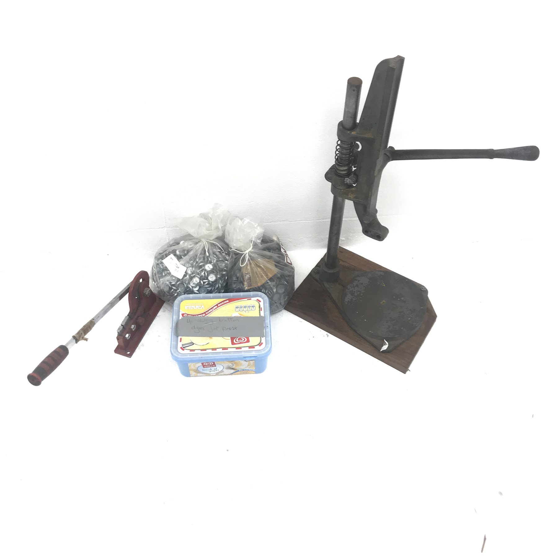 Various hand tools comprising Stanley combination plane, a button press, router jig and a Hilka 6