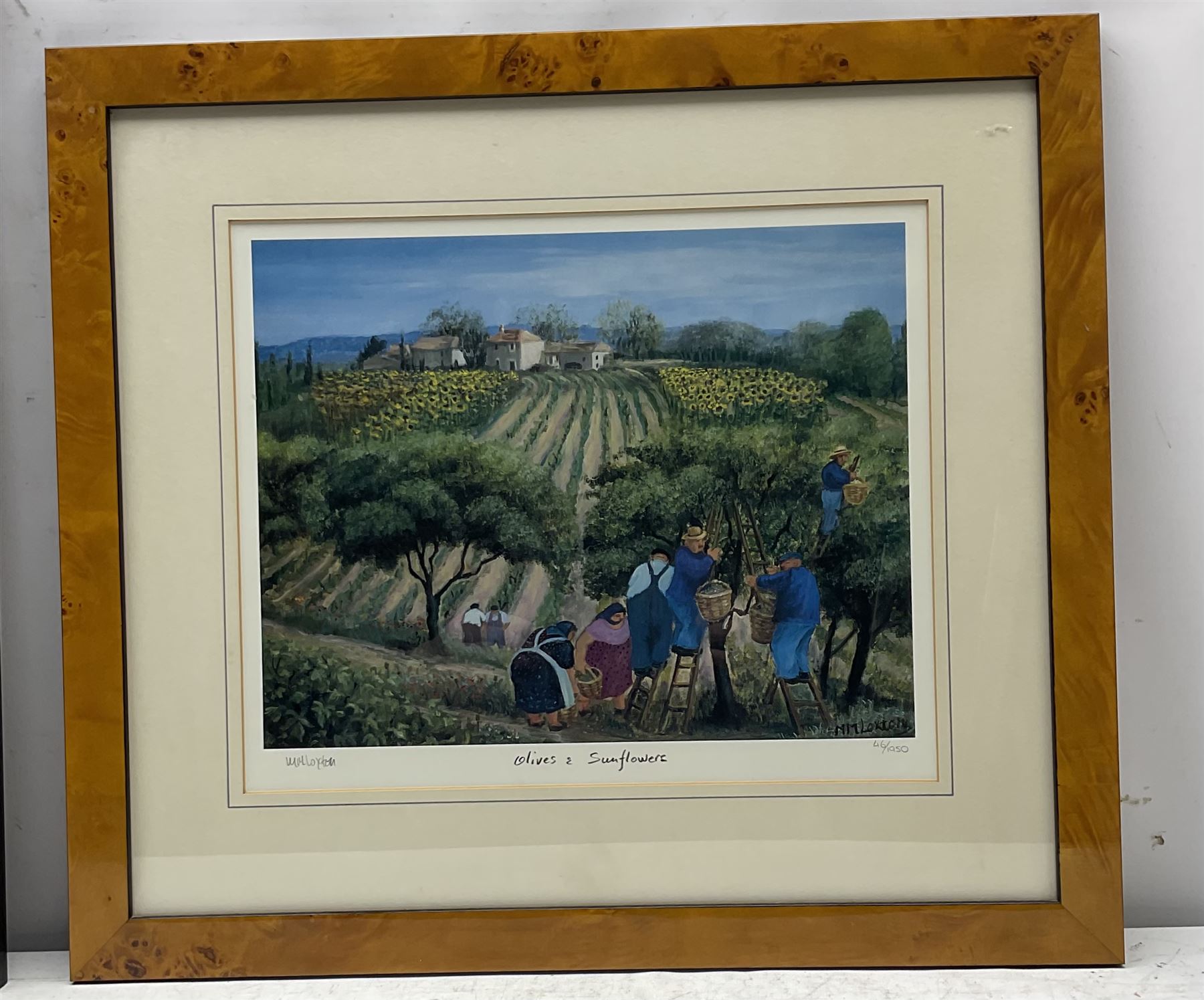 After Margaret Loxton (British 1938-): 'Cafe de France'; 'Lavender Harvest Lacoste'; 'Olives and Sunflowers' and 'Boules Players', set four limited edition colour prints signed titled and numbered /1950 max 26cm x 34cm (4)