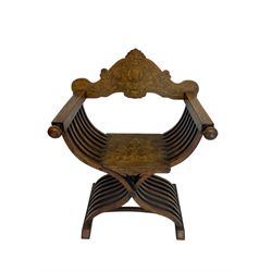 19th century Italian Sorrento style x-framed throne chair or Savonarola chair, the shaped back rest inlaid with mask of Savonarola, putti and mythical beasts surrounded by trailing foliage, the seat inlaid with fleur-de-lys, curved x-framed supports on sledge feet