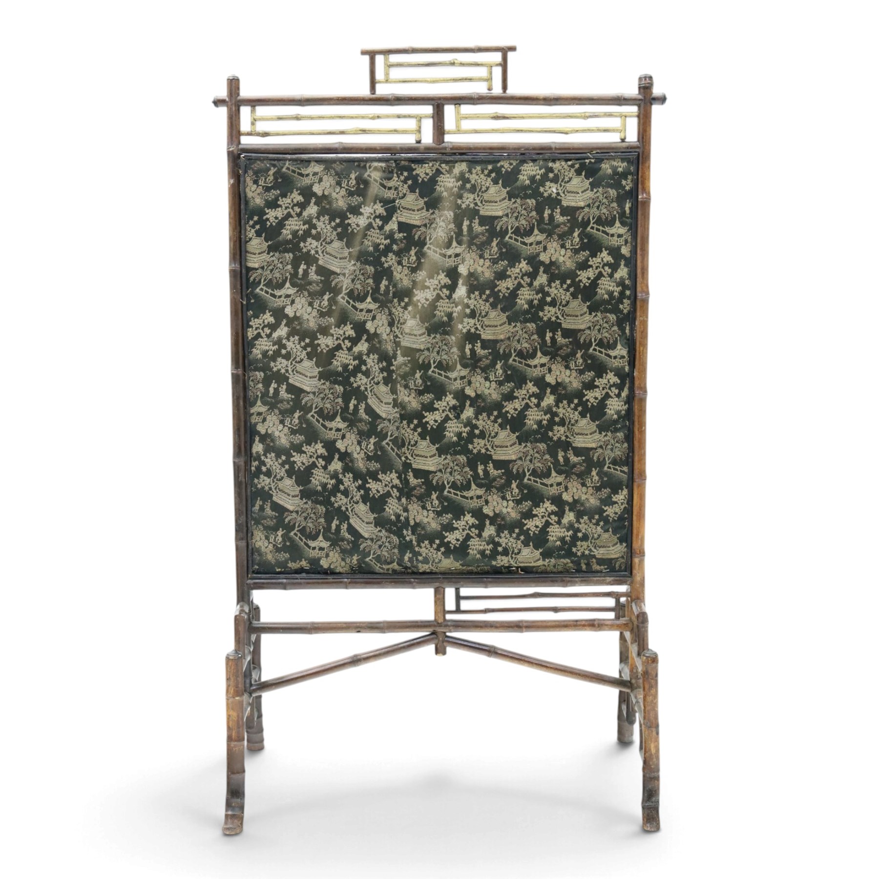 Victorian Aesthetic Movement bamboo framed fire screen, geometric bamboo frame with gilt elements, later applied fabric panel