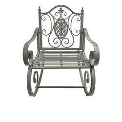 Regency design wrought metal rocking garden bench armchair, pierced back with scroll design and central foliate medallion over strap seat, with C-scroll arms and supports, in antique grey finish