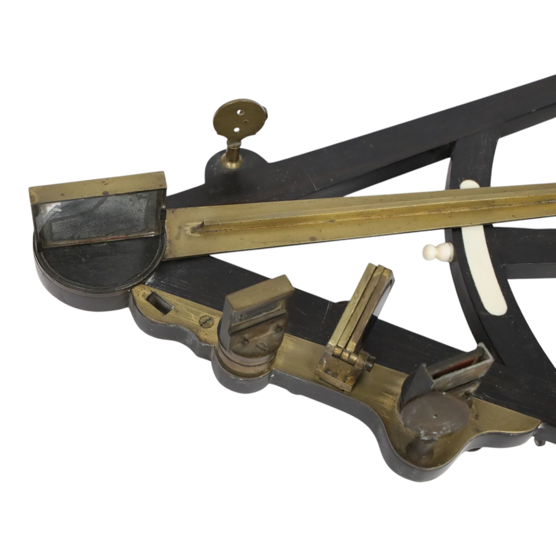 IVORY LICENCE 19th century ebony and brass octant, with inset ivory scale, unmarked, L35cm