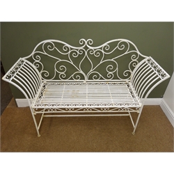  White painted open work wrought metal garden bench, L144cm  