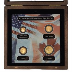 The London Mint Office 'The 2020 World War II Western Allied Set', comprising United States of America one tenth ounce gold five dollar coin, United Kingdom fine gold proof twenty-five pound coin, France fine gold proof fifty euro coin, and Canada 14ct gold proof one hundred dollar coin, cased with certificate