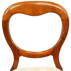 Set of twelve Victorian walnut balloon-back dining chairs, shaped open back over seats upholstered in striped ivory fabric, moulded seat rail above turned and tapering suppors