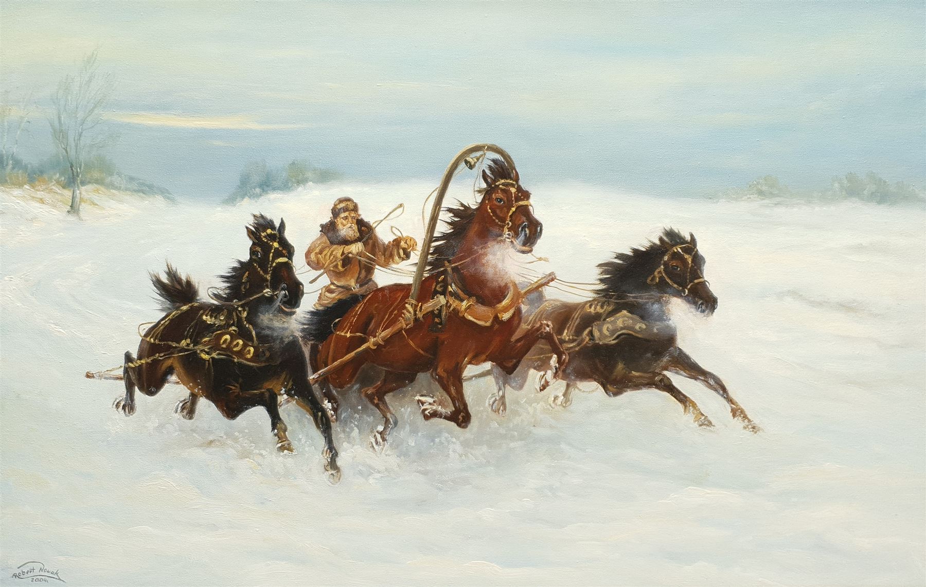 Robert Nowak (Polish Contemporary): Horse-drawn Chariot in Snow, oil on canvas signed and dated 2004, titled in Polish verso 58cm x 90cm