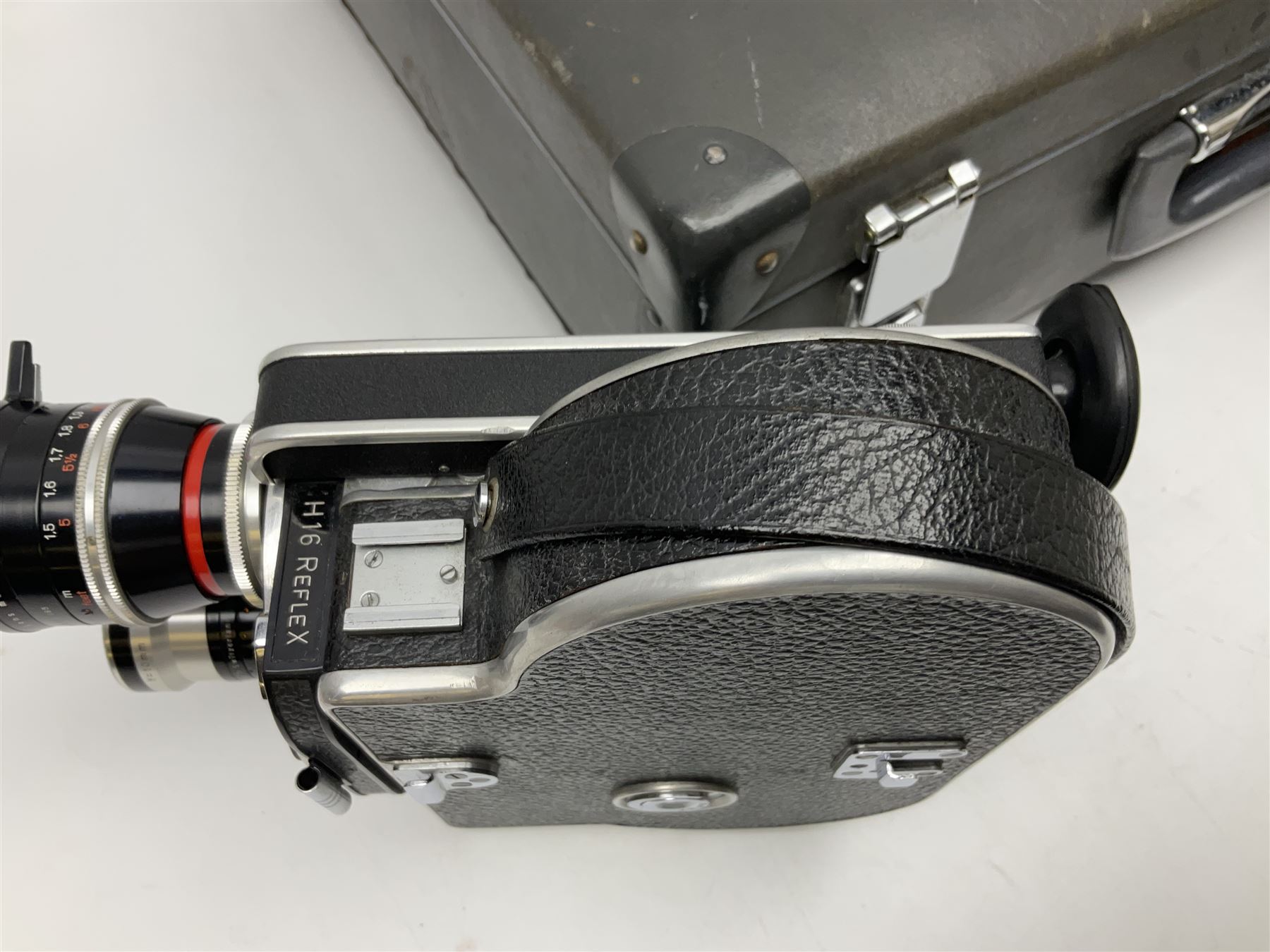 Bolex H16 Reflex camera body, serial no. 136928, with 'Macro-Switar 1:1.9 f=75mm' lens, serial no. 1131474, Switar H16 RX 1:1.6 f=10mm' lens, serial no. 1106324, with hard carry case