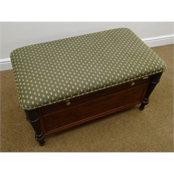  Regency style ottoman, upholstered top above single deep drawer on ebonised support, W92cm, H50cm, D50cm  
