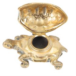 Victorian novelty cast brass inkwell, modelled as a tortoise with hinged brass carapace opening to reveal inkwell recess, L15cm, together with  a brass model of a recumbent water buffalo, L12cm