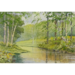  River Derwent, Forge Valley, watercolour signed by Les Pearson, Thornton Le Dale, watercolour signed Noel Garbutt, 'Spring' 'Summer' 'Autumn' & 'Winter on Woldgate', four watercolours signed Ken Perry etc max 37cm x 27cm (8)  