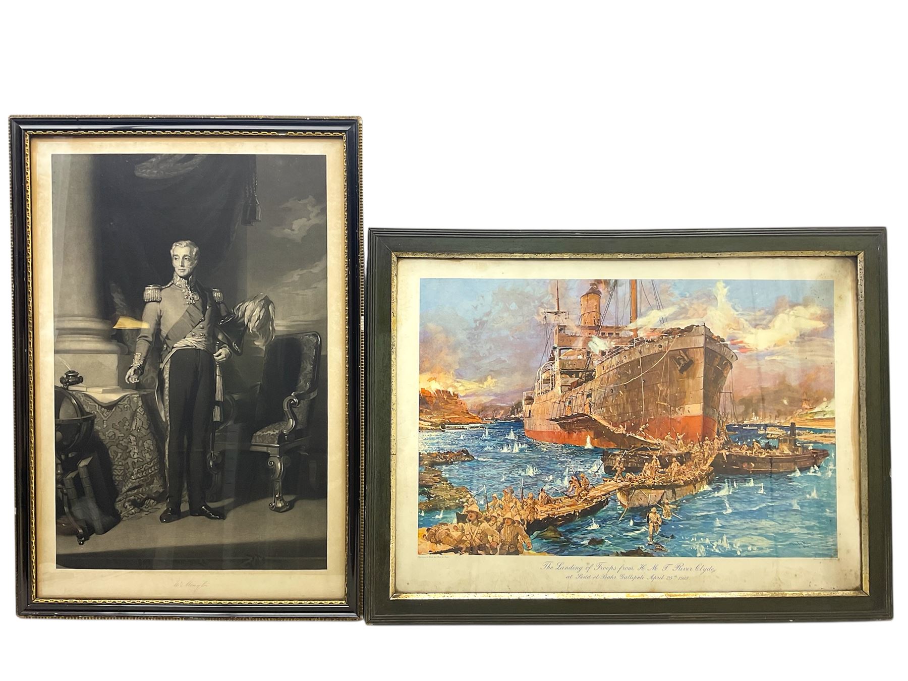 Two naval interest prints, Wellington after John Lucas and The Landing of Troops from HMT River Clyde after Charles Dixon (2)