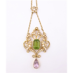  Edwardian peridot, amethyst and seed pearl gold pendant stamped 15ct on chain necklace  
