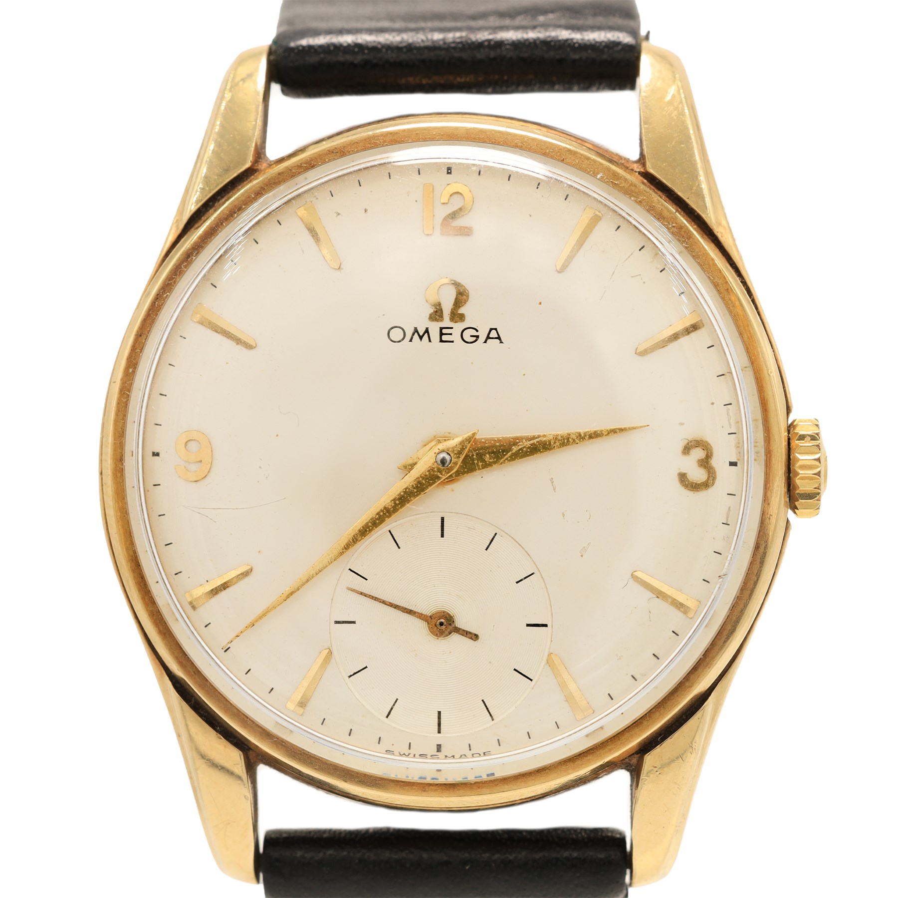 Omega gentleman's 9ct gold manual wind wristwatch, Ref. 923, Cal. 268, silvered dial with dagger and Arabic hour markers and subsidiary seconds dial, Birmingham 1961, on black leather strap