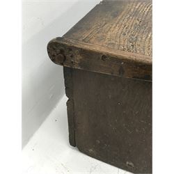 18th century oak six plank sword box, the frieze decorated with zig-zag pattern, hinged lid on wooden dowels, W151cm, H44cm, D42cm