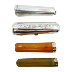 Late Victorian silver cheroot case with personal engraving, hallmarked Sampson Mordan & Co, London 1896, containing an amber cheroot holder with 9ct gold mount, with makers mark for S Blanckensee & Sons Ltd and stamped 9ct, together with a silver plated cheroot case containing a cheroot holder with gold plated mount, (4)