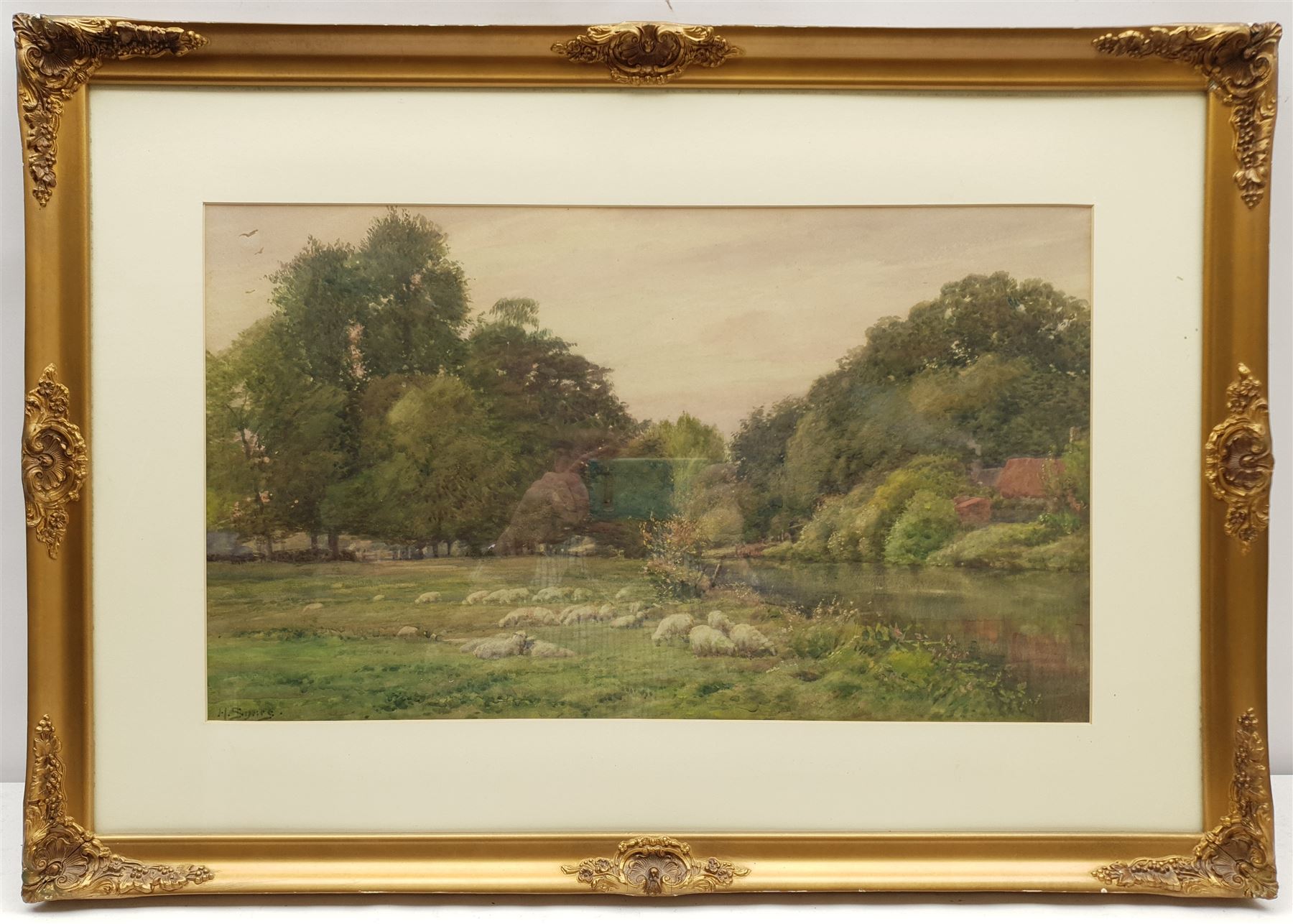 Henry Sykes (British 1855-1921): Sheep Grazing 'On the Welland', watercolour signed 30cm x 52cm