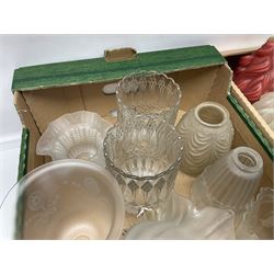 Five frosted glass Flambe lamp shades, together with three similar smaller examples and two coloured examples, and a quantity of other glass lampshades