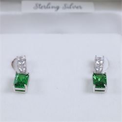 Pair of silver cubic zirconia green stone pendant earrings, boxed