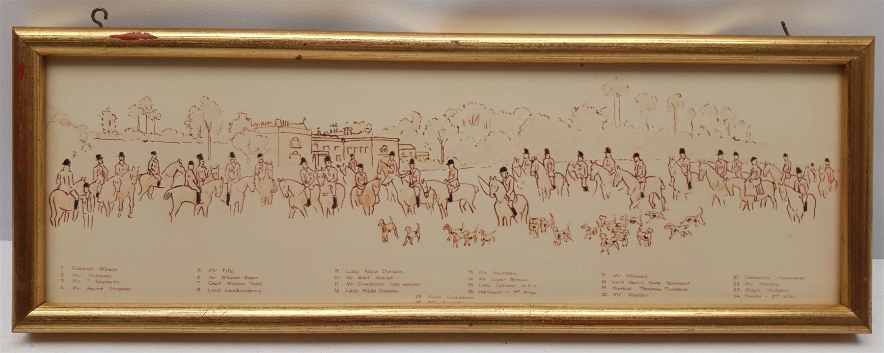 After Heywood Hardy (British 1842-1933): 'A Lawn Meet at Aske', hand-coloured lithograph 46cm x 103cm, together with a key to the riders depicted 9cm x 30cm (2)