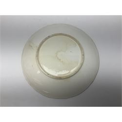 Set of three Victorian teacups and saucers, with matching dessert plate, decorated with a watered silk blue boarder and hand painted floral sprays to the centre 