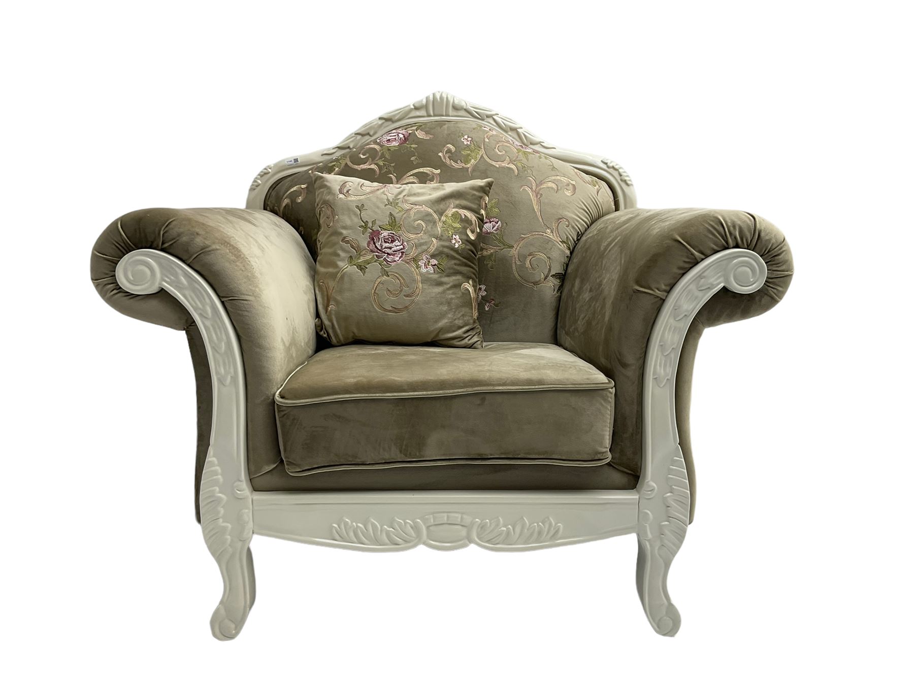 French style white finish armchair, upholstered in grey fabric with scrolling floral pattern, the frame decorated with leaf motifs 
